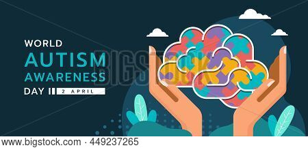 Wolrd Autism Awareness Day Banner With Hands Hold Care Colorflu Puzzle Brain Sign On Dark Blue Backg