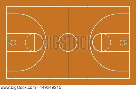 Basketball Court. Basketball Court Floor With White Lines. Mockup Of Basket Ball Field. Texture For 