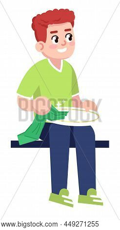 Red Haired Boy Cleaning Plate With Cloth Semi Flat Rgb Color Vector Illustration. Sitting Figure. Wa