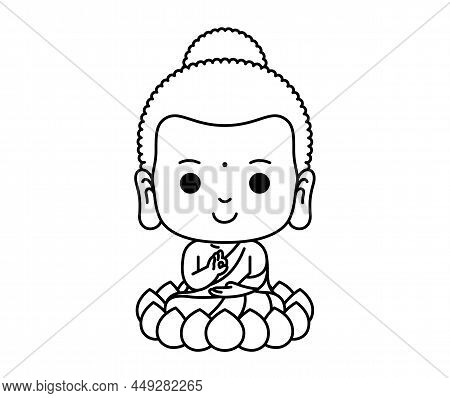 Little Buddha Cartoon Character Meditation On Lotus Flower Outline Vector Illustration