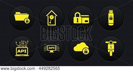 Set Computer Api Interface, Usb Flash Drive With Lock, , Cloud Computing, Credit Card And Retro Wall