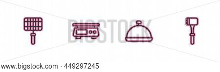 Set Line Barbecue Steel Grid, Covered With Tray Of Food, Electronic Scales And Kitchen Hammer Icon. 