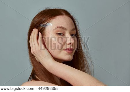 Fox Eye Lift Tape. Ginger Young Girl Beauty Blogger Using Trendy Facelift Bands To Create Aesthetic 
