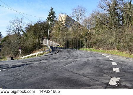 Mayen, Germany - 02 13 2022: Steep Road Up To The Local Highschool In Mayen