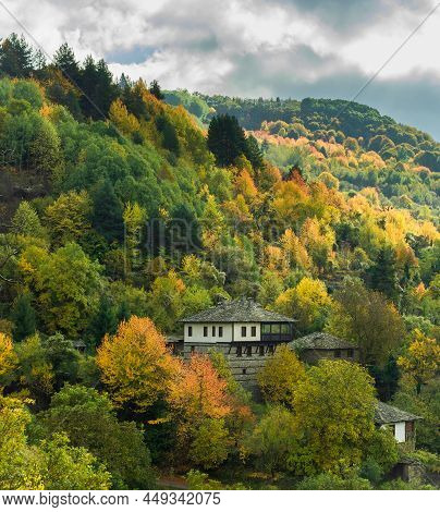 Old Traditional Bulgarian House In Mountain Village Of Kovachevitsa. Traditional Slan Stone Roofs
