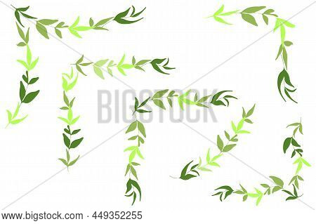 Leaves Brunch Frame Corners Set. Hand Drawn Lef Shapes. Decorative Editable Kit In Green Tones Color