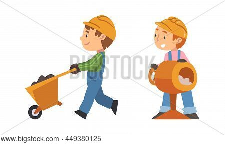 Kid Builders Working With Construction Tools Set. Boys Wearing Overalls And Safety Hard Hat With Con