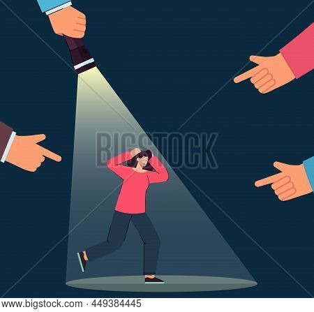 Fingers Pointing At Scared Woman In Light Of Flashlight. Ashamed Female Victim Of Harassment Flat Ve