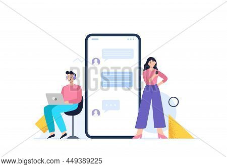 A Woman Chat With To A Personal Assistant Service. Live Chat Operators. Customer Support Department 