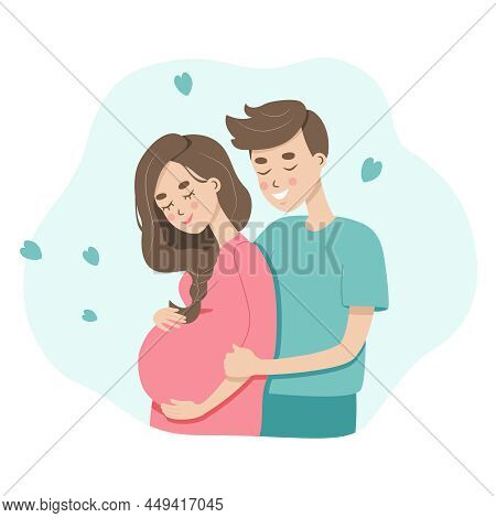 Flat Illustration About Young Couple Expacting A Child Birth. Young Pregnant Woman With Her Man, Two