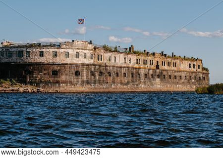 View From The Water Of The Oldest Fort Kronshlot And The Lower Sash Lighthouse In The Waters Of The 