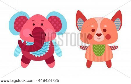 Fluffy Toy Sewn From Textile And Stuffed With Flexible Material For Kids Vector Set
