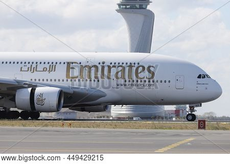 Istanbul, Turkey - October 05, 2021: Emirates Airbus A380-842 (cn 269) Landing To Istanbul Internati