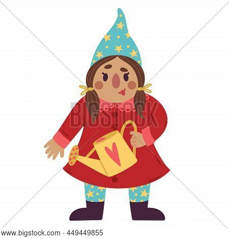 Cartoon Garden Gnome With Watering Can Vector Icon. Hand Drawn Illustration Isolated On White Backdr