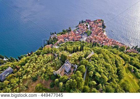 Castello Di Vezio Tower And Town Of Varenna On Como Lake Aerial View, Lombardy Region Of Italy