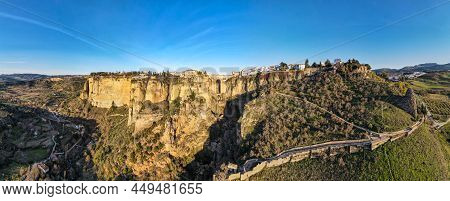 Drone View At The Old Bridge Of Ronda On Andalusia, Spain