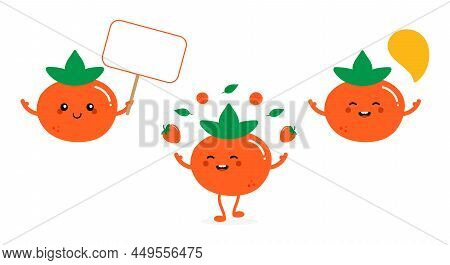 Set, Collection Of Cute Cartoon Style Orange Persimmon Characters Doing Different Things, Holding Si