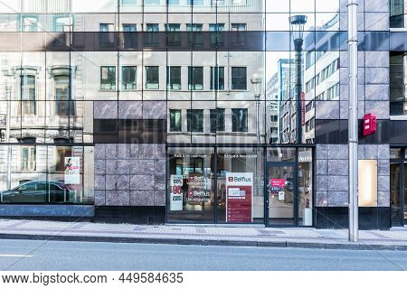 City Of Brussels / Belgium - 02 15 2019  Facade Of A Large Belfius Banking And Insurance Agency With