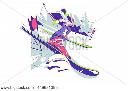 Skiing Pro Guy Character In Mountains On Ski Tool Vector Illustration. Advanced Skier On Downhill Fl