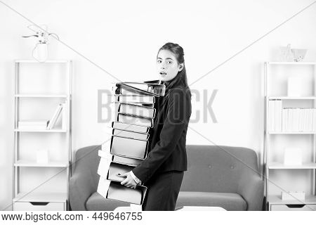 Sadness Manager Have So Many Paperwork In The Office. Sad Secretary Girl, Stressed Overworked Busine