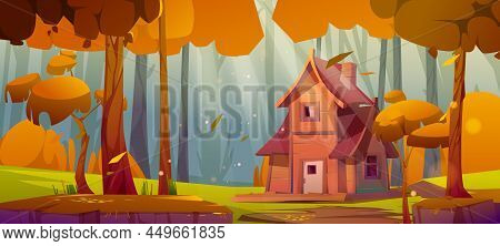 Autumn Forest With Wooden House On Glade. Vector Cartoon Illustration Of Deep Woods Landscape With F