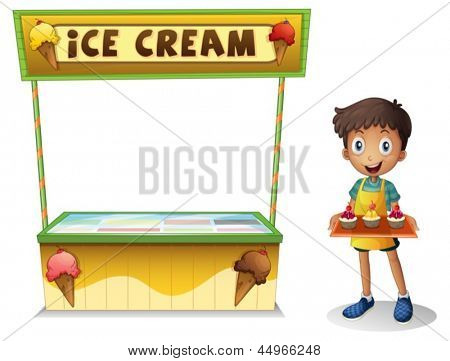 Ilustración de un muchacho vendiendo helados para el verano sobre un fondo blanco