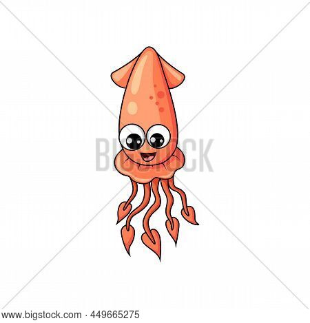 Hooked Red Squid Personage Isolated Underwater Cartoon Character. Vector Marine Animal Emoticon, Ner