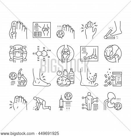 Gout Health Disease Collection Icons Set Vector. Ridge And Articular Cartilage Gout, X-ray Radiograp