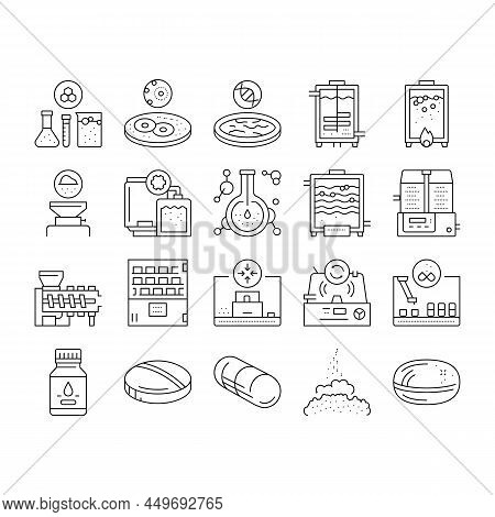 Pharmaceutical Production Factory Icons Set Vector. Laboratory Manufacturing Pharmaceutical Product,