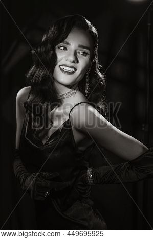 Portrait Of Elegant Woman In Vintage Retro Style Of Black And White Hollywood Film With Makeup And H