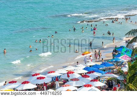 Ipojuca, Pe, Brazil - October 15, 2021: Aerial View Of People On The Beach Of Porto De Galinhas On A