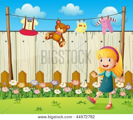 Abbildung von einem Hinterhof mit hängende Kleidung und ein junges Mädchen