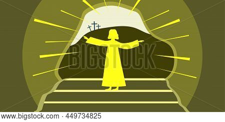 Poster Sketch With Easter Cave And Crosses. Easter Background. Empty Cave And Crosses. Vector Illust