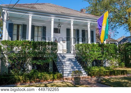 New Orleans, La - February 19: Large White Uptown Home With Krewe Of Rex Mardi Gras Flag On February