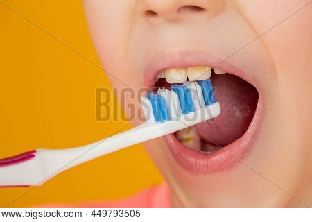 Kid Boy Brushing Teeth. Boy Toothbrush White Toothpaste. Health Care, Dental Hygiene. Joyful Child S
