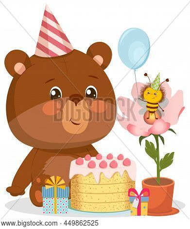 A Friend Bee Congratulates A Cute Cartoon Bear Cub And Gives Him Gifts And A Cake.