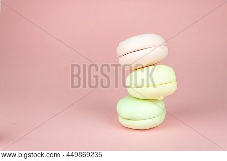 Stack Of Marshmallows Looks Like Macarons, Macaroons French Cookie. Concept Of Sweet Dessert. Brignt