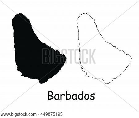 Barbados Map. Barbadian Black Silhouette And Outline Map Isolated On White Background. Bajan Territo