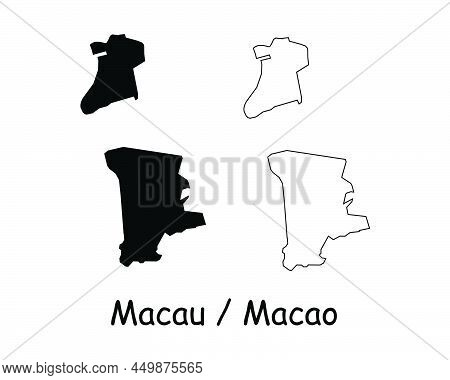 Macau Map. Macao Black Silhouette And Outline Map Isolated On White Background. Macanese Border Boun
