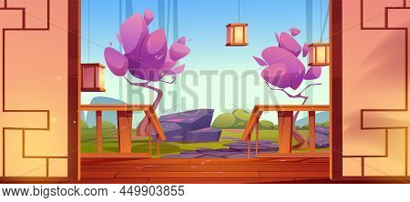 Terrace In Japanese Style, Home, Hotel Or Cafe Interior With Garden View Through Open Patio With Woo