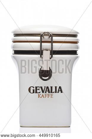 IRVINE, CALIFORNIA - 21 FEB 2022: Gevalia Kaffe canister for storing the Scandinavian Coffee.