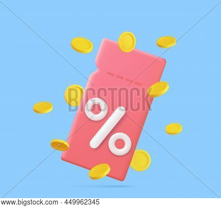 3d Render Discount Coupon With Percentage Sign With Coins. Voucher Card Cash Back Template Design Wi