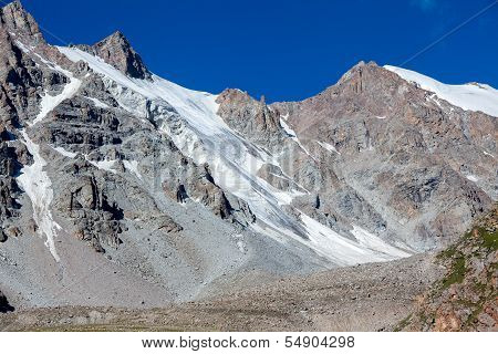 Ice slopes of mountains. Kyrgyzstan