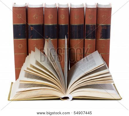 Old Vintage Books Goethe In A Row, One Open Book Isolated On White Background,