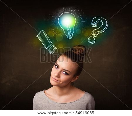 Young preety teenager with hand drawn light bulb illustration