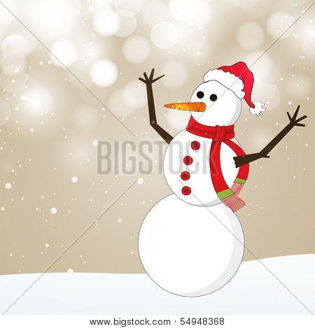 Merry Christmas celebration greeting card or invitation card with happy snowman in Santa Hat and scarf on shiny brown background. 