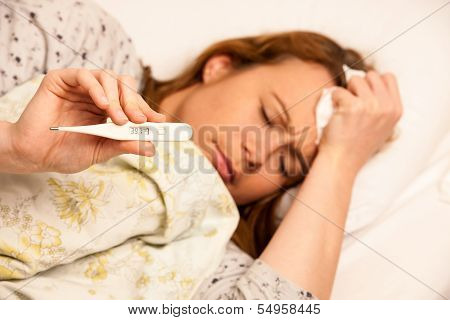 Woman Checking Feaver With Digital Termomether Girl With Flu