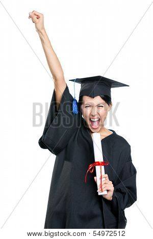 Graduating student gesturing fist with the diploma that is the symbol of wisdom and knowledge, isolated on white