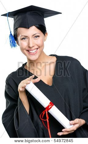 Graduating student in academic black gown and square cap with the certificate, isolated