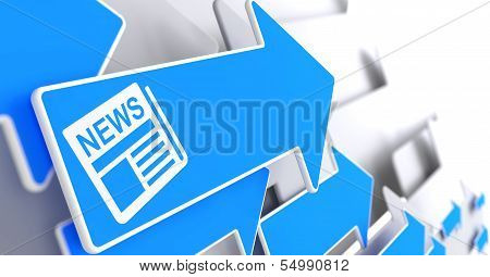 Newspaper Icon with News Title on Blue Arrow.